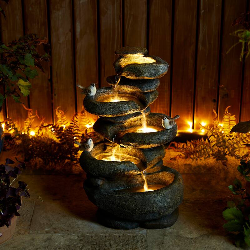 Glitzhome 21"H Zen-Style Faux Stone Birdbath Outdoor Fountain with Birds & LED Light
