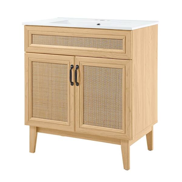 Aubert Rattan Modern Farmhouse 2Shelf Bath Vanity with White