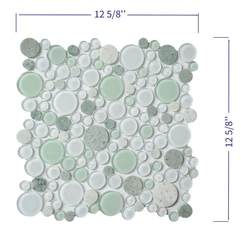 Green & White Pebble Round Glass And Marble Mosaic Tile - Case (10 Sheets)