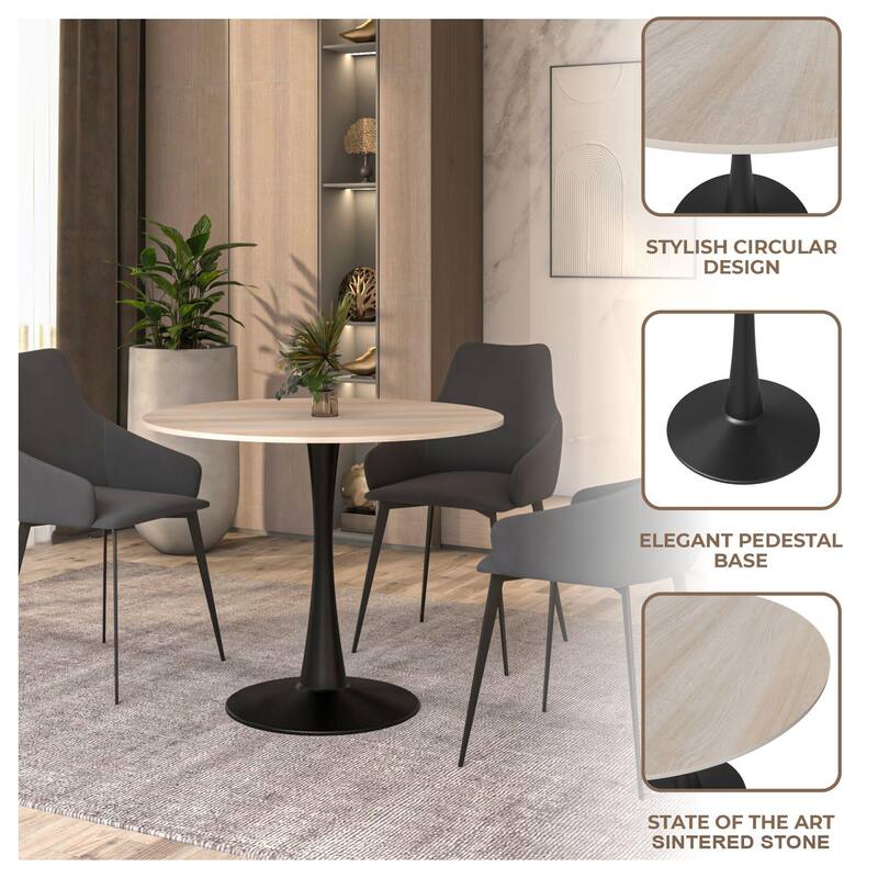 Bristol 32" Round Minimalist Dining Table for 4, Sintered Stone Top & Black Iron Pedestal Base for Kitchen & Dining Room