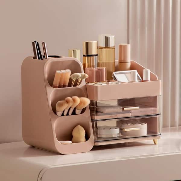 slide 2 of 6, Makeup Organizer with Brush Holder for Vanity, Large Plastic Bathroom Countertop Pink