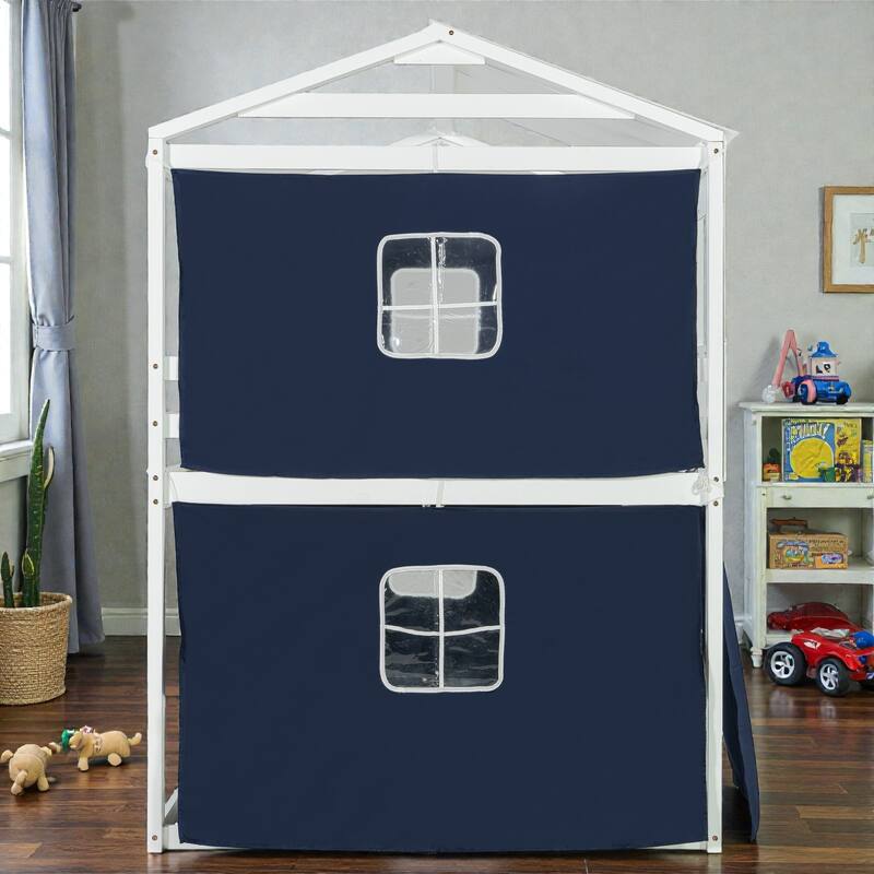Twin/Full Wood House Bunk Bed with Tent, Playhouse Design, Windows & Roof, Solid Wood Frame, No Box Spring Required
