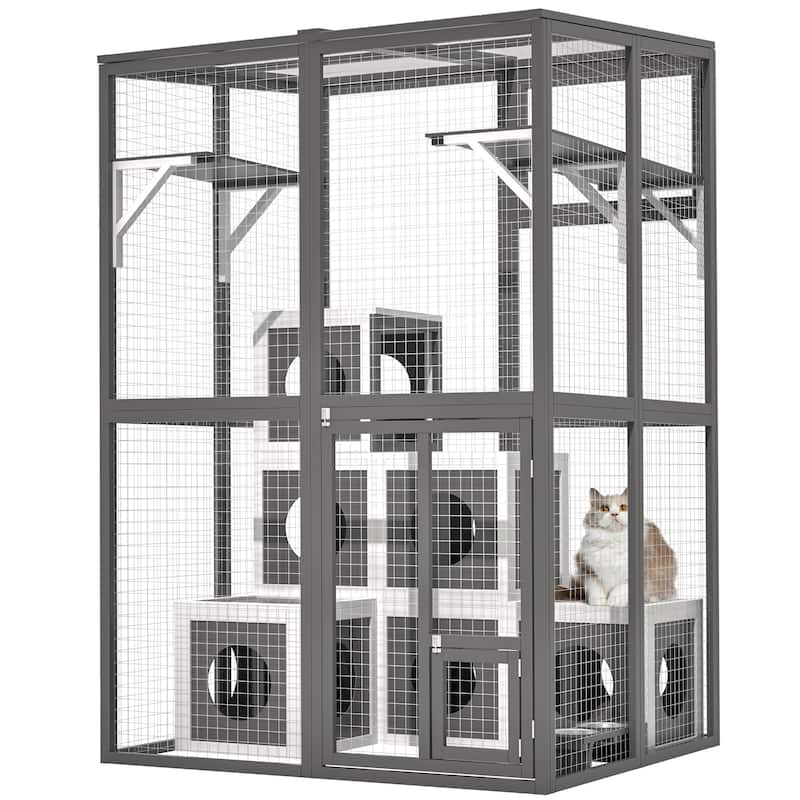 49.60"L Large Solid Wood Cat Cage Playpen with 2 Jumping Platforms & 7 Napping Houses