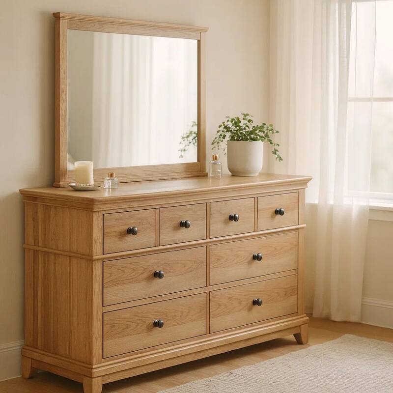 Lexa Wide Dresser, 6 Drawers, Natural Oak Brown Solid Wood, Pewter Metal