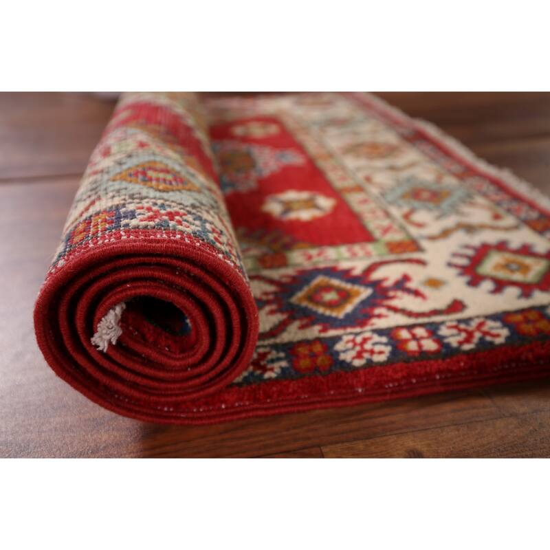Geometric Red Kazak Accent Rug Home Decor Hand-Knotted Wool Carpet - 2'10" x 4'5"