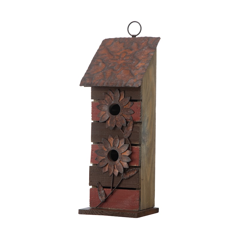 Glitzhome 14.5"H Two-Tiered Distressed Solid Wood Cottage Birdhouse with Flowers - 14.5"