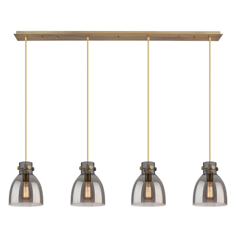 Innovations Lighting Newton Bell - 4 Light 8" Cord Hung Linear Pendant - Brushed Brass/Light Smoke