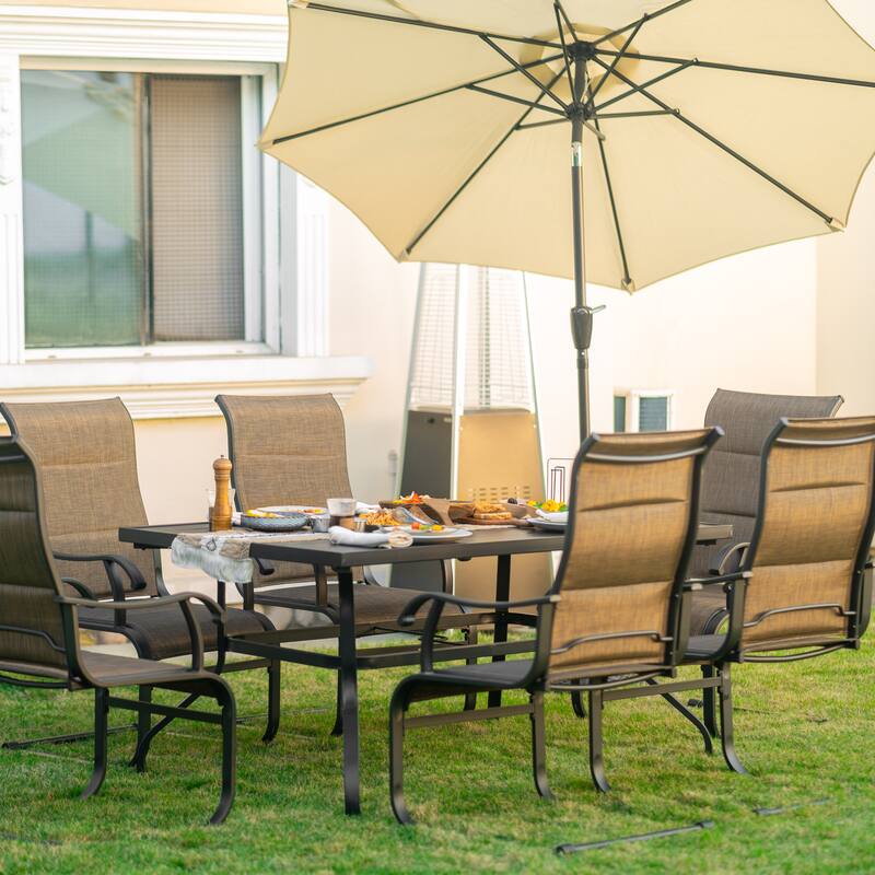 Outdoor Dining Set of 6 with Umbrella Hole, Breathable Textilene and Iron