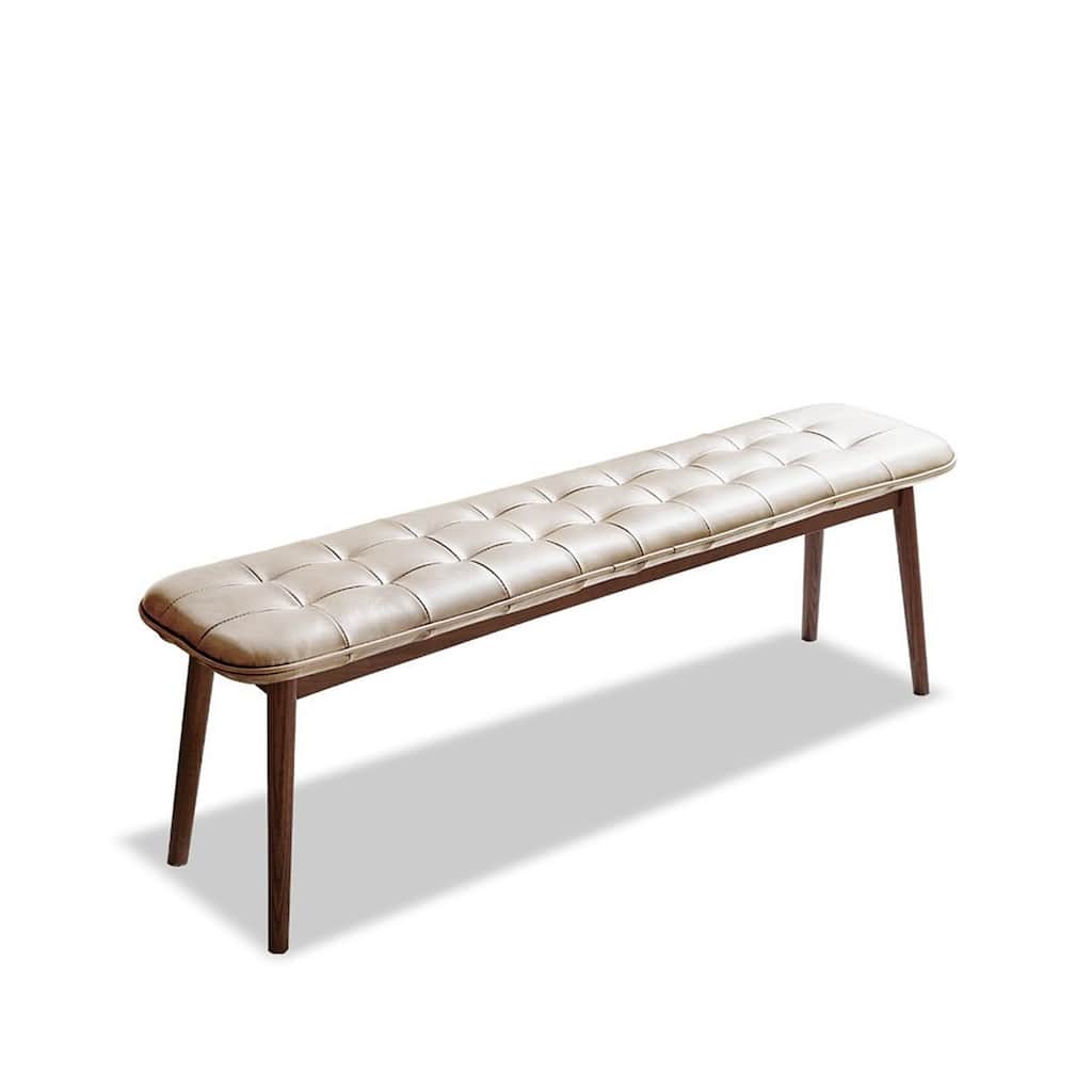 Solid Oak Wood Bench with Leather Cushion for Dining Room and Living Room
