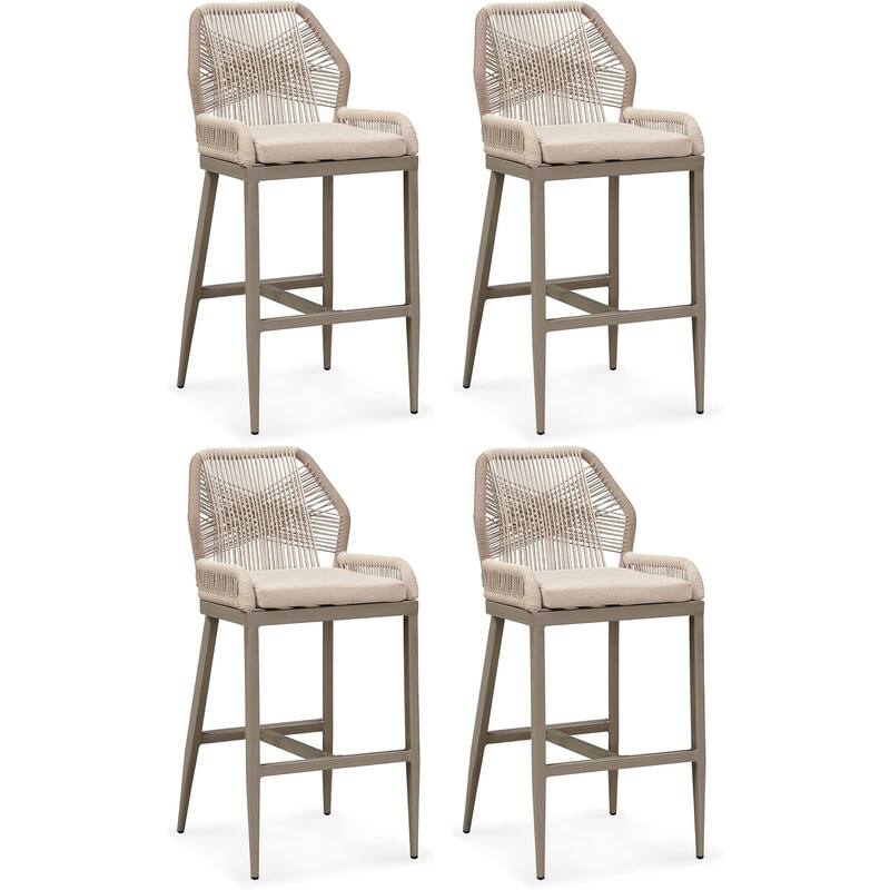 PURPLE LEAF Bar Stools Set of 4 Outdoor Bar Height Metal Stools Modern Wicker Rattan Barstools with Back Aluminum - Light Grey-Twill-43.11"H