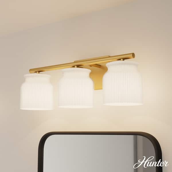 slide 2 of 7, Hunter + Jasmine Roth Harlowe Luxe Gold Cased White Glass 3-Light Bathroom Vanity Wall Light - Transitional - Damp Rated
