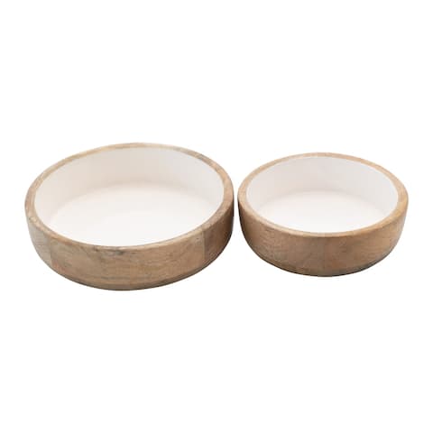 Mango Wood Bowls with White Enameled Interior, Set of 2