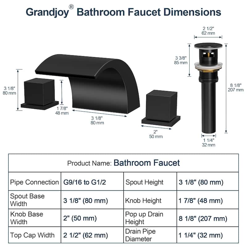GRANDJOY Low Arc Waterfall Widespread Bathroom Sink Faucet