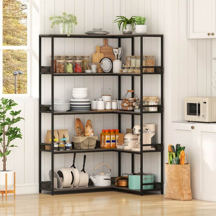 Metal and Wood L-Shaped Bookshelf 5-Tier Corner Shelf with Anti-Tip Kits - 43.5" L x 35" W x 71" H
