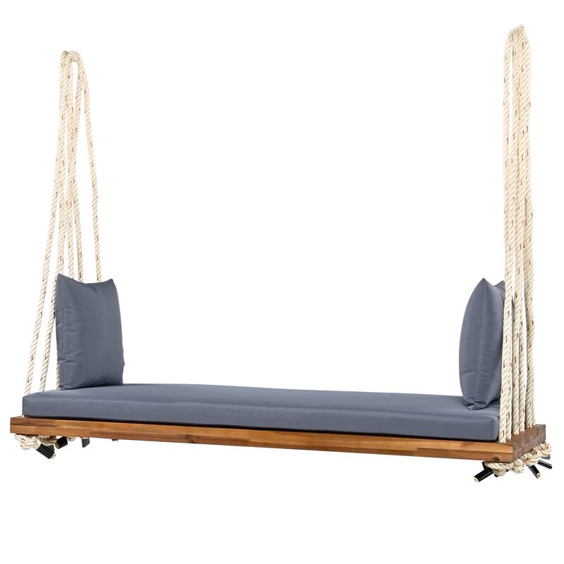 Outdoor Wood Hanging Chair with Cushions & Adjustable Assembly, 400 lbs Capacity, Swing Chair with Durable Hemp Ropes