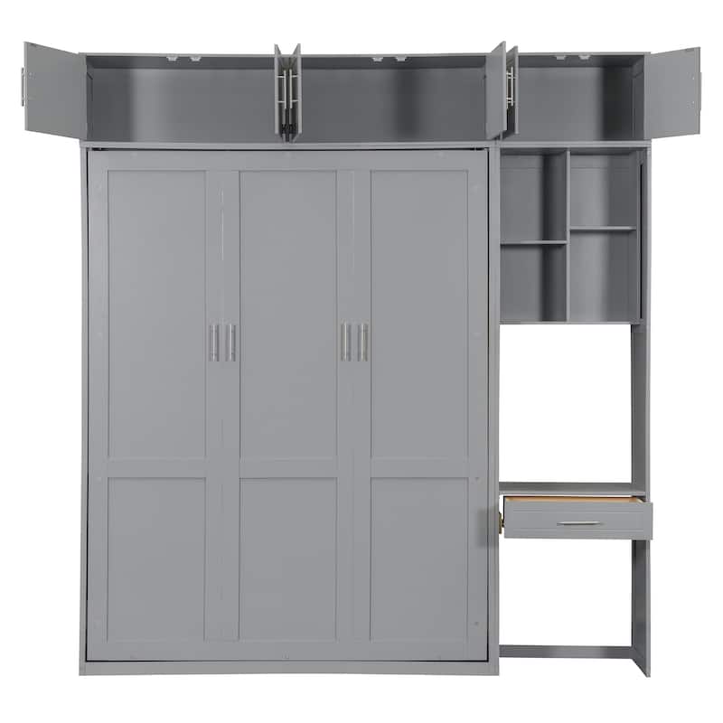 Queen Size Murphy Bed Hidden Cabinet with Desk and Drawer, Foldable Wood Wall Bed Frame with Top Cabinet & Storage Shelves