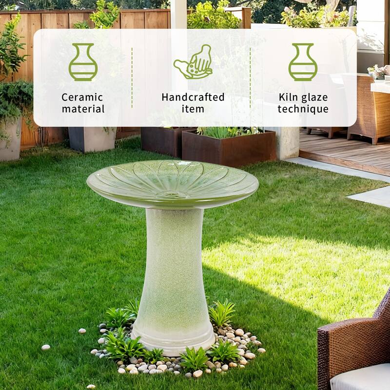 Handmade Green Gradient Glaze Ceramic Bird Bath, 16.93 inch Diameter 18.11 inch Height, Lightweight & Weather-Resistant