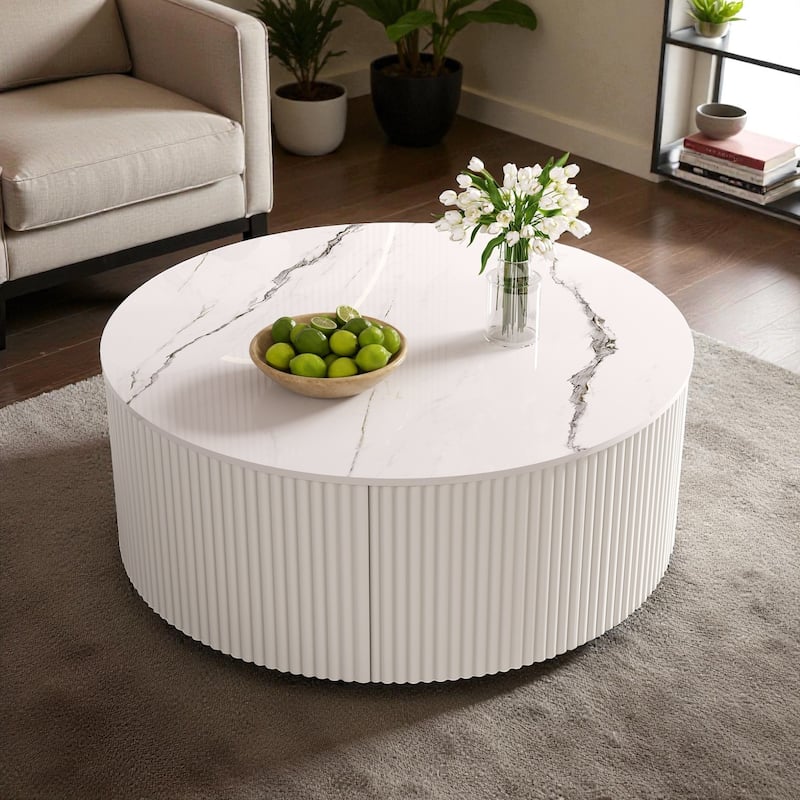 29.5'' Modern Round Movable Coffee Table with 2 Drawers, Sintered Stone Marble Top & Casters for Living Room - White