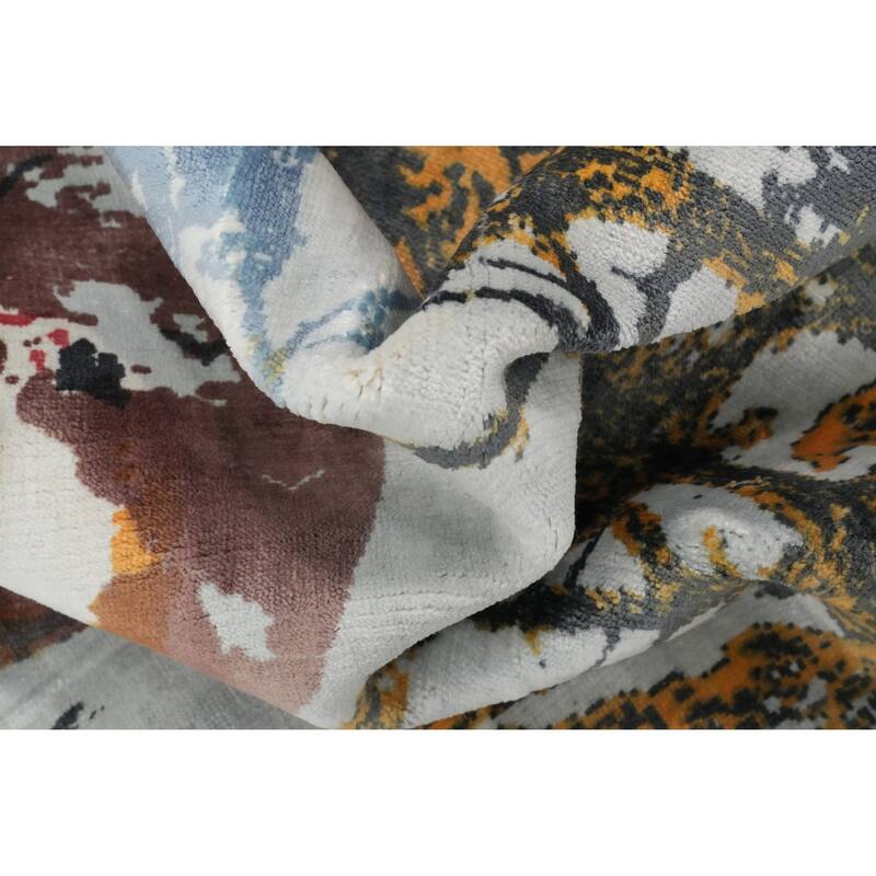 Hand Knotted Oriental Viscose Silk Carpet Modern Pictorial Multi-Colored Abstract Area Rug - 7' 8'' X 5' 7''