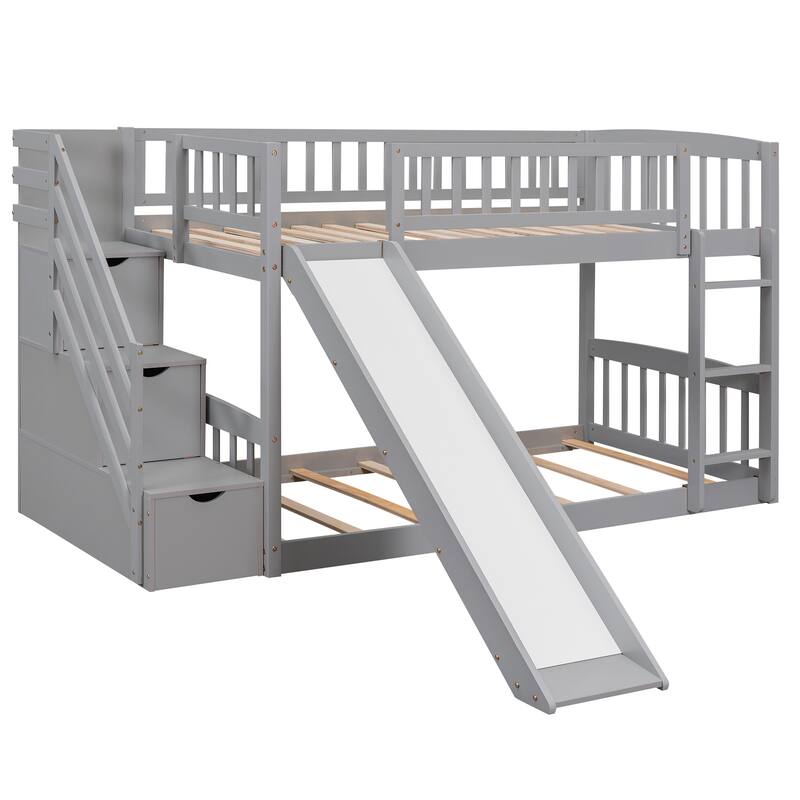 Twin Over Twin Bunk Bed with Drawers, Slide, and Stairs, Gray