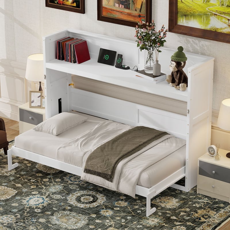 Twin XL Murphy Bed with Desk, LED Light, and USB Charging Station Space