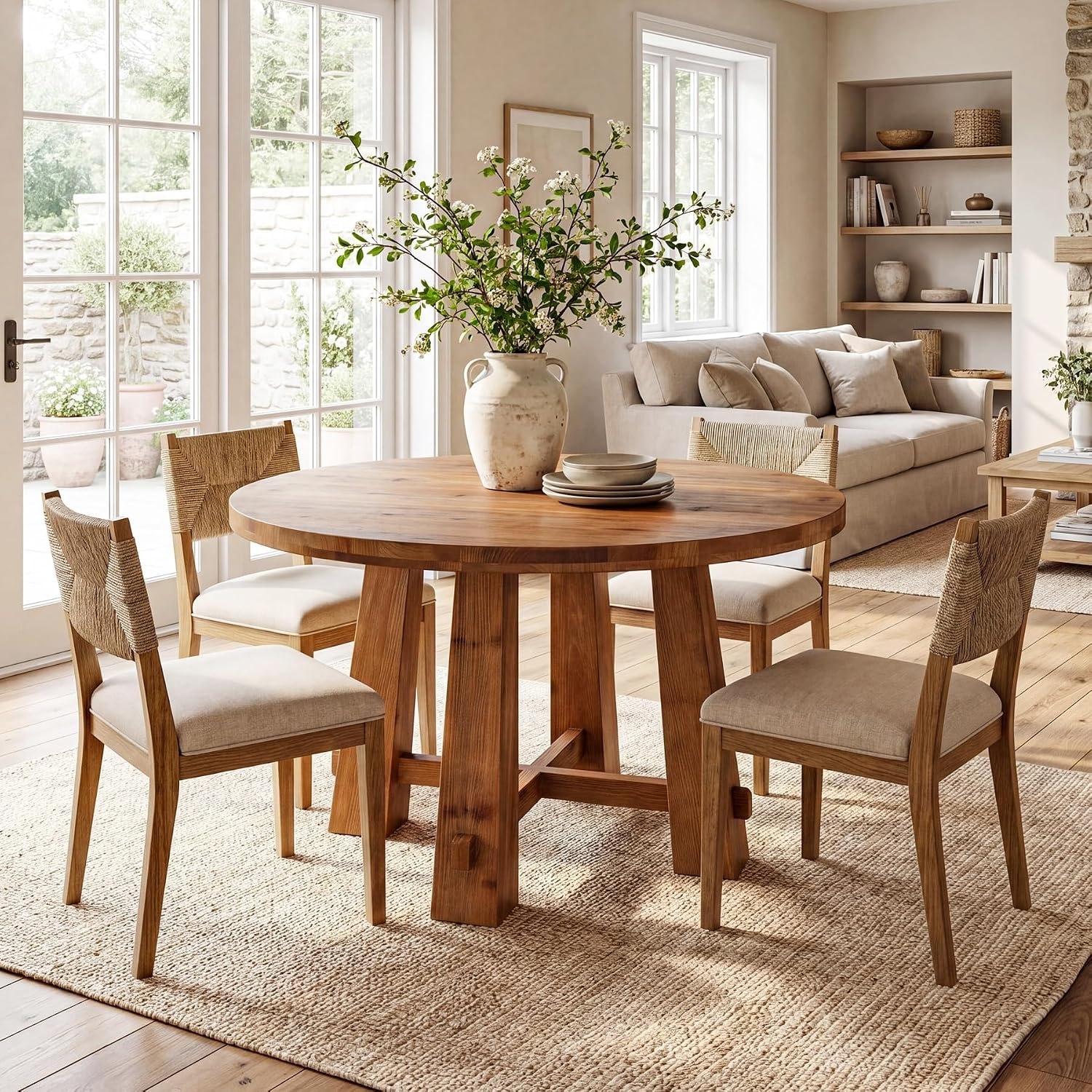 39.4-Inch Solid Wood Dining Table, Round Farmhouse Table for 2-4