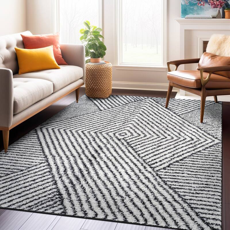 Minimal Stripe Geometric Shag Rug - Anthracite Dark Gray - Medium Pile - Cozy & Modern - White - 5' x 7'