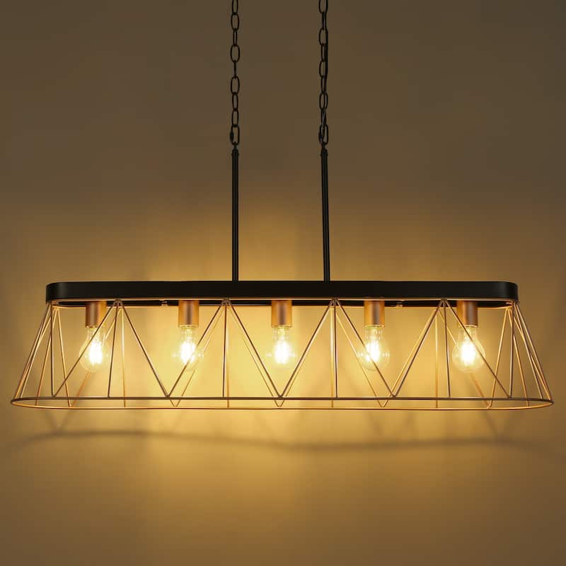 Modern Luxury 5-light Chandelier Black Gold Kitchen Island Light with Geometric Line Design for Dining Room