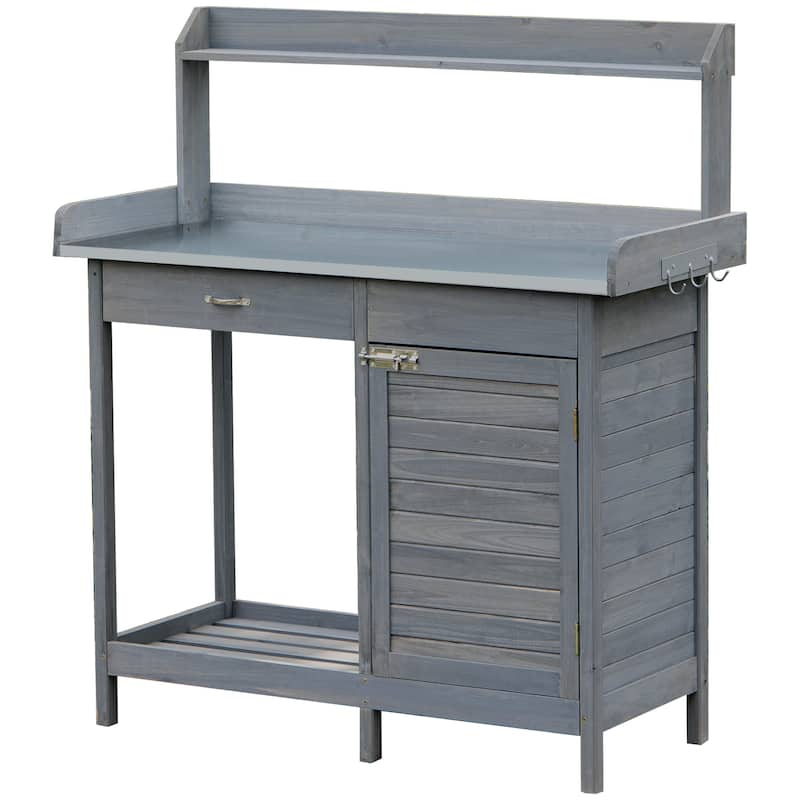 Garden Potting Bench Table, Wood Work Station with Storage Cabinet, Patio Workstation with Open Shelf and Steel Tabletop - Grey