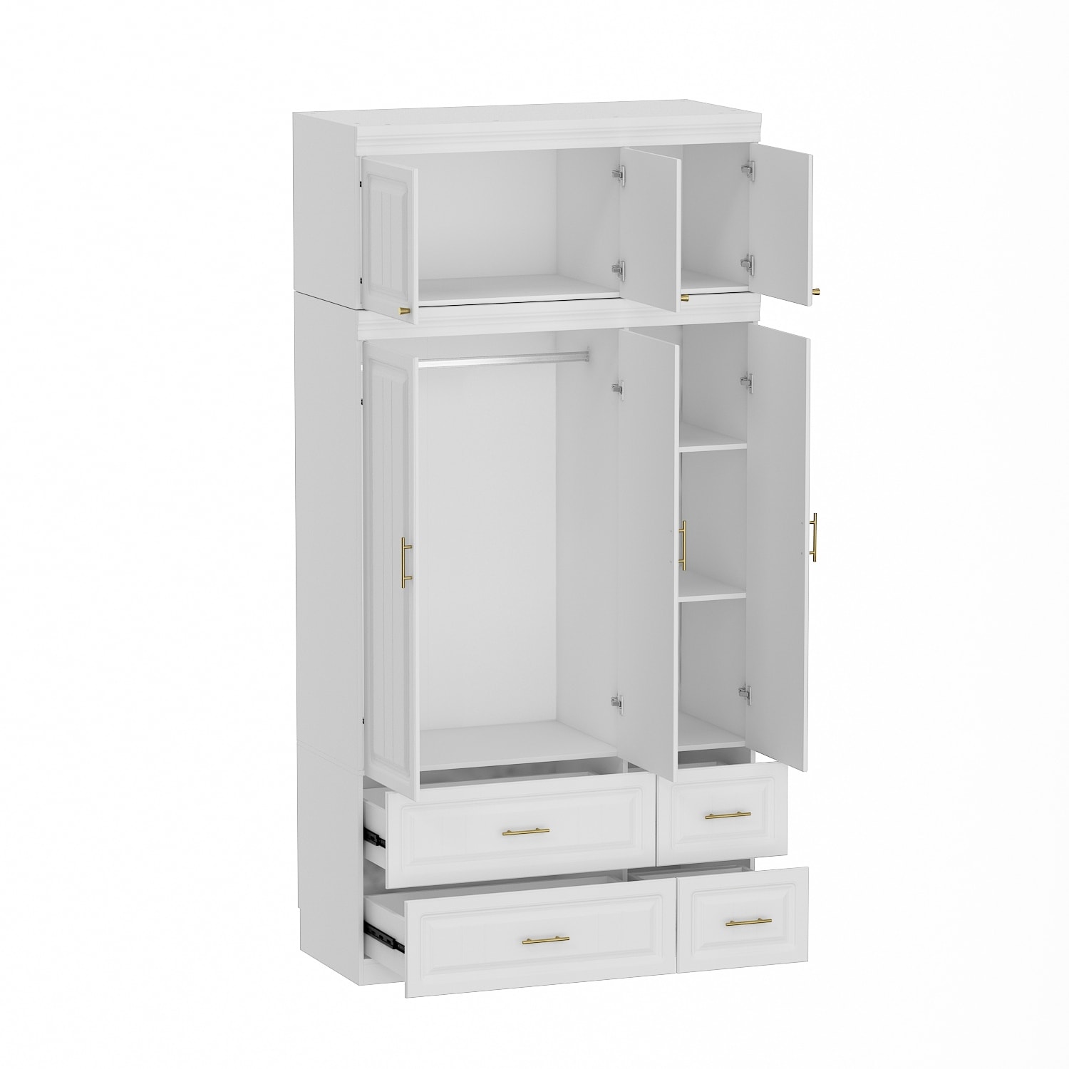 FUFU&GAGA Large Wardrobe Closet, 4-Door Armoire Storage Cabinet with  Hanging Rods and Shelves for Bedroom, White
