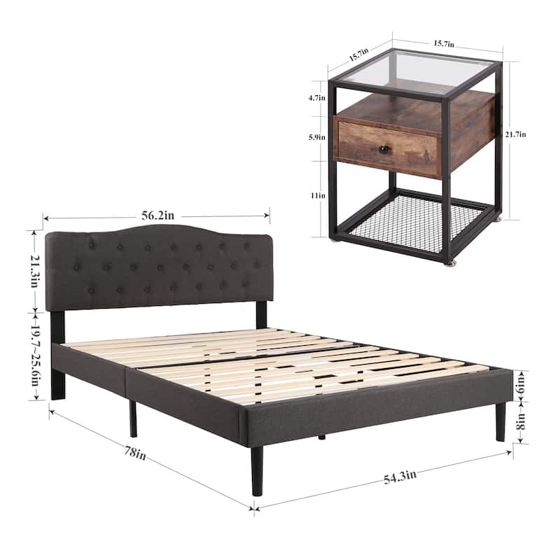 Taomika 3-pieces Height Adjustable Upholstered Bed and Modern Tempered Glass Nightstands Set