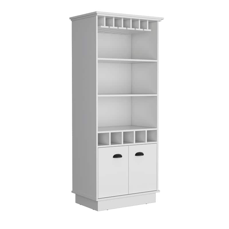 Dundee 70-Inch High 10-Glass Bar Cabinet with 5 Cubbies and 3 Open Shelves and Cabinet - White