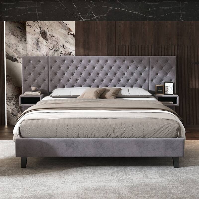 Velvet Upholstered Platform Bed with 2 Nightstands and diamond tufted - Grey - King