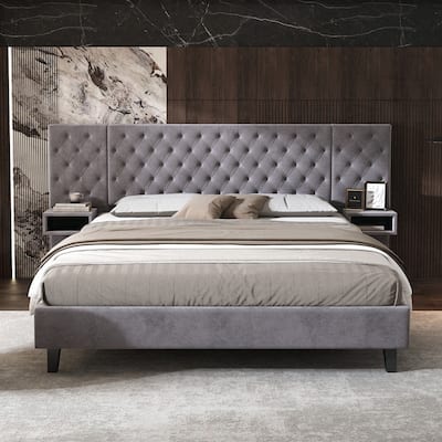 Velvet Upholstered Platform Bed with 2 Nightstands and diamond tufted