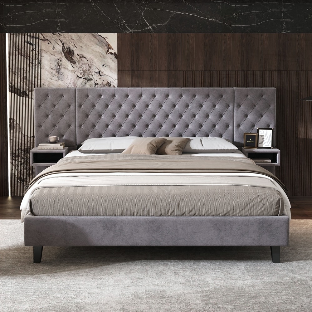 Velvet Upholstered Platform Bed with 2 Nightstands and diamond tufted