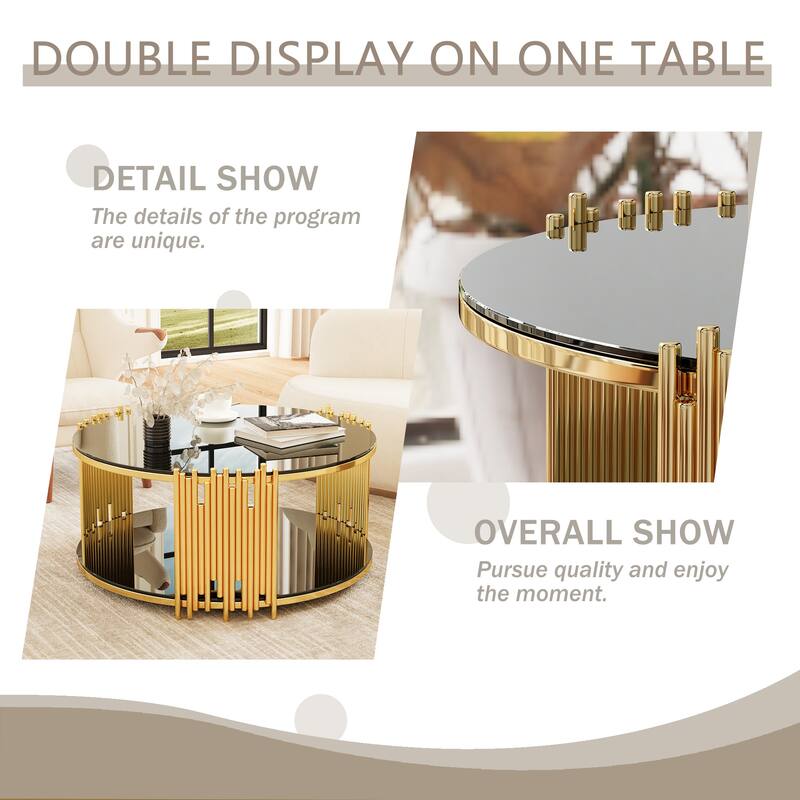 Modern Stainless Steel Coffee Table, Tempered Glass Top Cocktail Table, Round Accent Table Sofa Table for Living Room