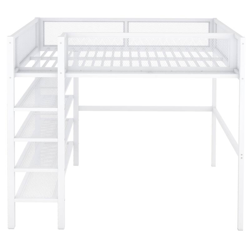 Twin/Full Metal Loft Bed with Built-in Desk, Shelves, and Storage, Modern Design