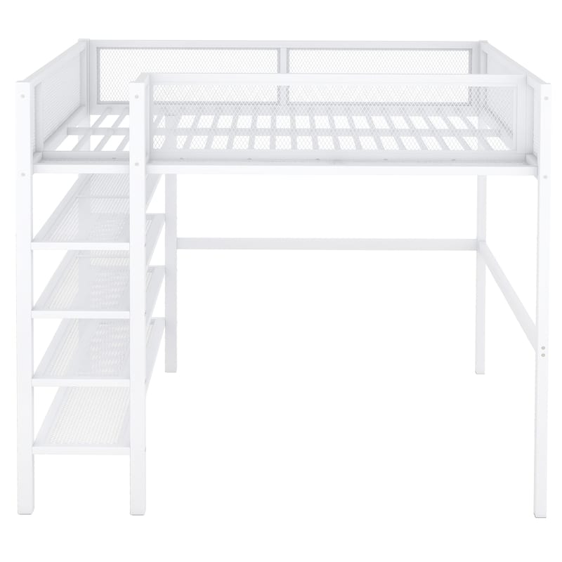 White Metal Loft Bed with 4-Tier Shelves and Storage