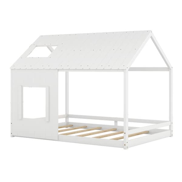 slide 2 of 36, Full House Bed with Roof & Window - Pine Wood Playhouse Design White