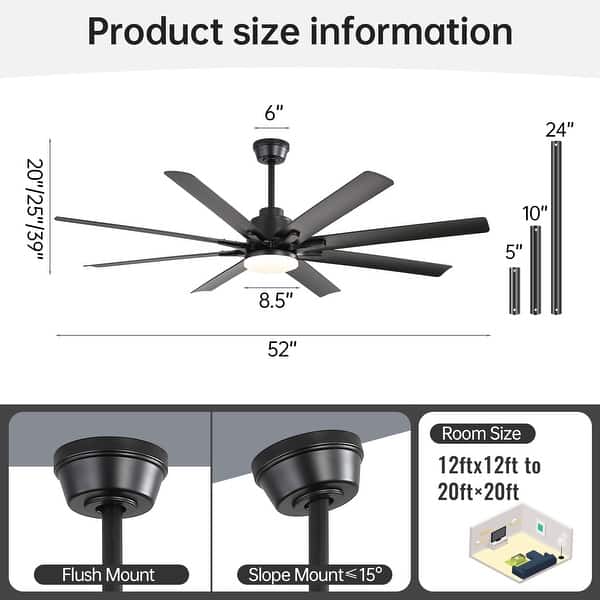 dimension image slide 5 of 7, Sofucor Modern Smart Ceiling Fan – 52"/66"/72"/ 84", App & Voice and Remote Control
