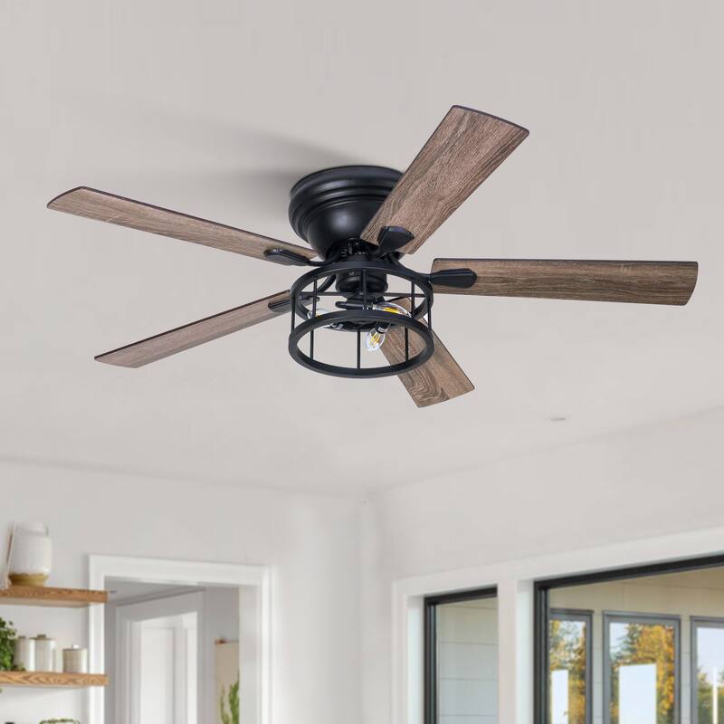 52 Inch Black Flush Mount Ceiling Fan with Light and Remote - Black