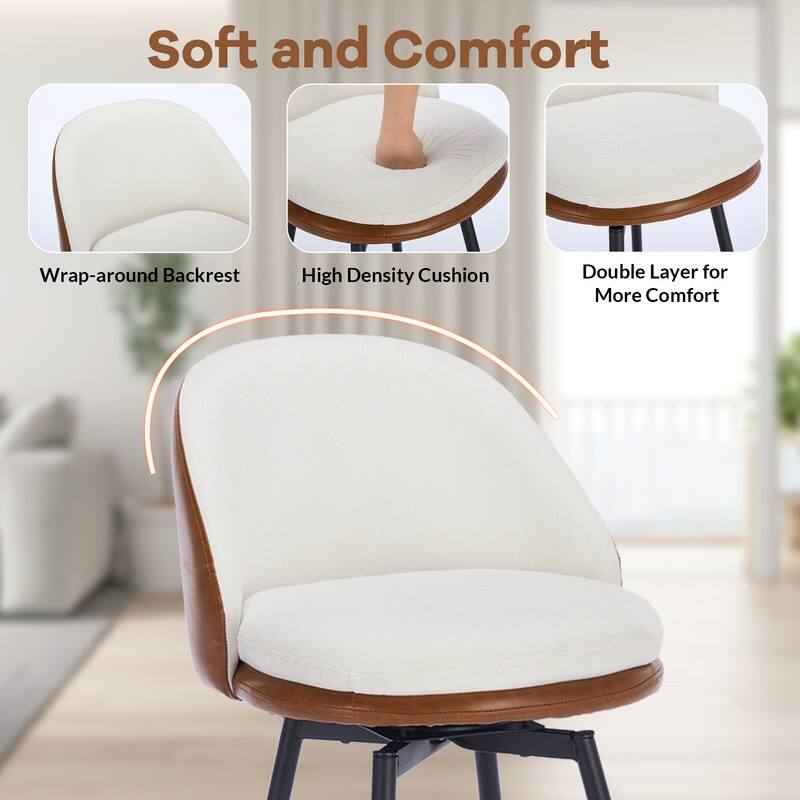 26" Swivel Leather Bar Stools Set of 2, Counter Height PU Leather / Linen Fabric Upholstered Barstool with Metal Legs