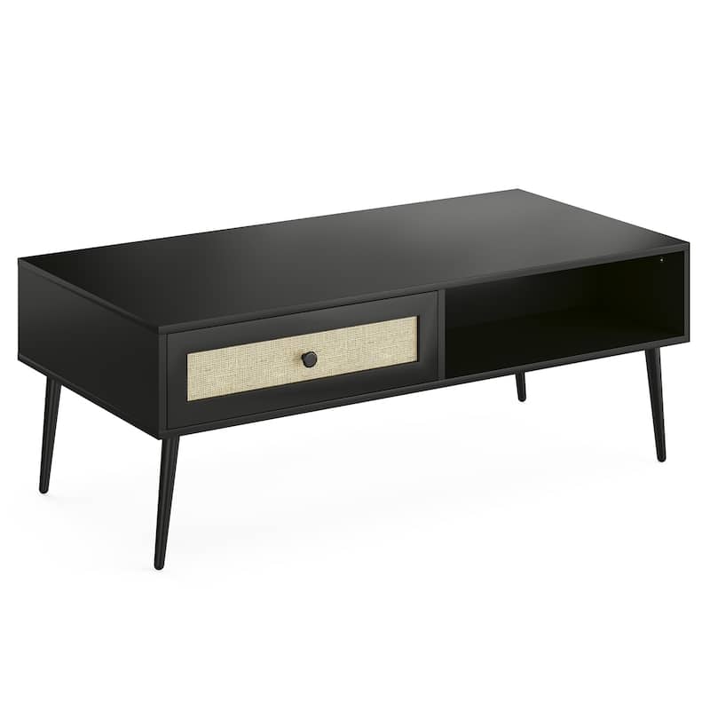 Modern Coffee Table, 47 Inch Rectangle Console Table with Drawer & Shelf, Wooden Coffee Table for Living Room, Office - Black