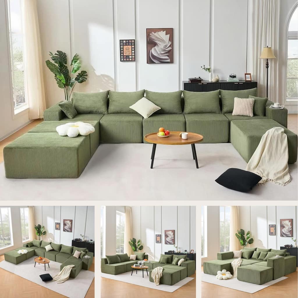 Modular Sleeper Sectional Sofa Bed Convertible Large Corduroy U-shaped Compressed Couch with Chaise Lounge and Spacious Seat