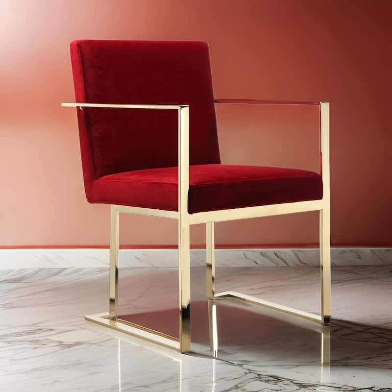 Boly 22 Inch Dining Side Chair Armchair, Maroon Velvet, Gold Steel Frame