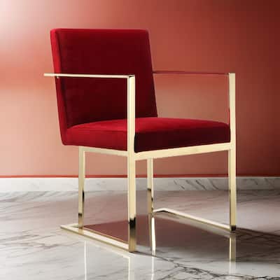 Boly 22 Inch Dining Side Chair Armchair, Maroon Velvet, Gold Steel Frame
