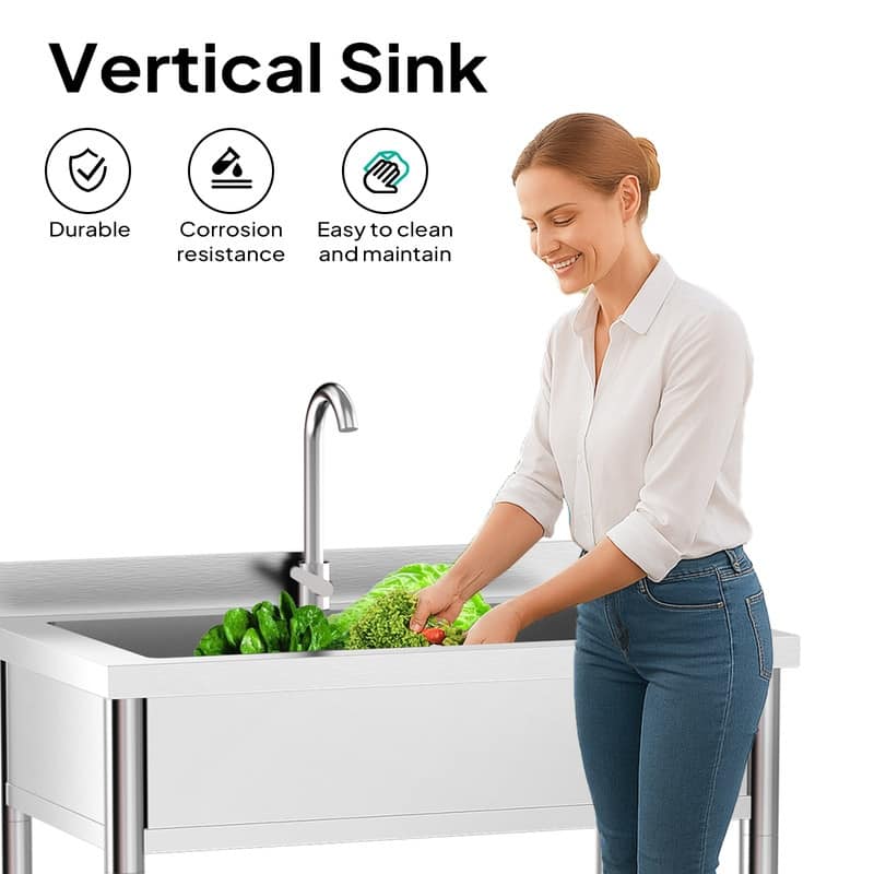 35.4 In. Freestanding Stainless Steel Large Single Basin Utility Sink With Shelve