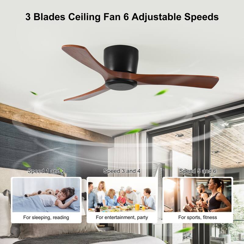 52 Inch Ceiling Fan with Remote Control, Low Profile Flush Mount Ceiling Fan without Light, Noiseless Reversible DC Motor