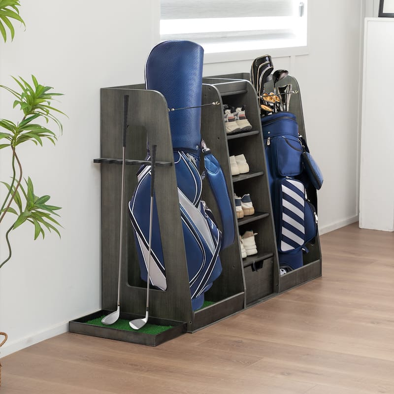 55.5"x16"x37" Wooden Golf Bag Storage Rack with Drawers - 2-Bag Organizer with Side Club Holders - 55.5" L x 16" W x 37" H