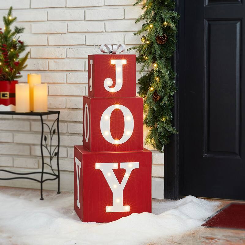Glitzhome 32"H LED Lighted Wooden Nesting Block JOY Porch Sign